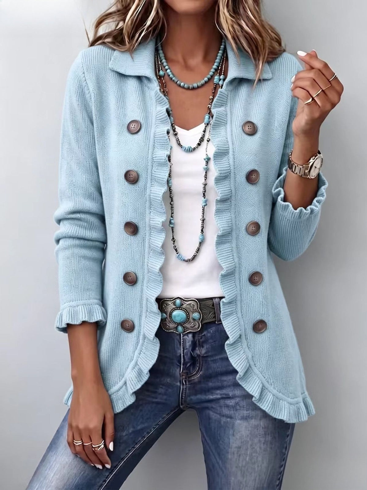 Cecilia | Chaqueta de punto azul claro con volantes