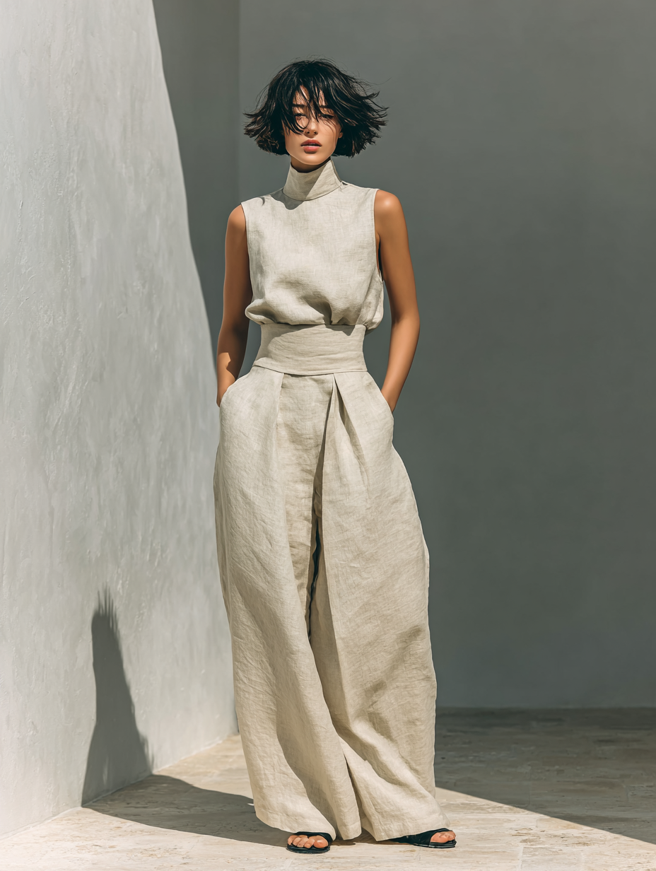 Amalia Conjunto ligero de algodón y lino con blusa sin mangas y pantalón amplio.