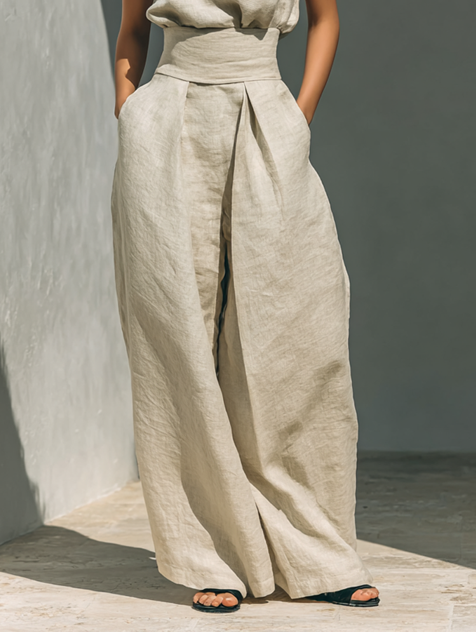 Amalia Conjunto ligero de algodón y lino con blusa sin mangas y pantalón amplio.