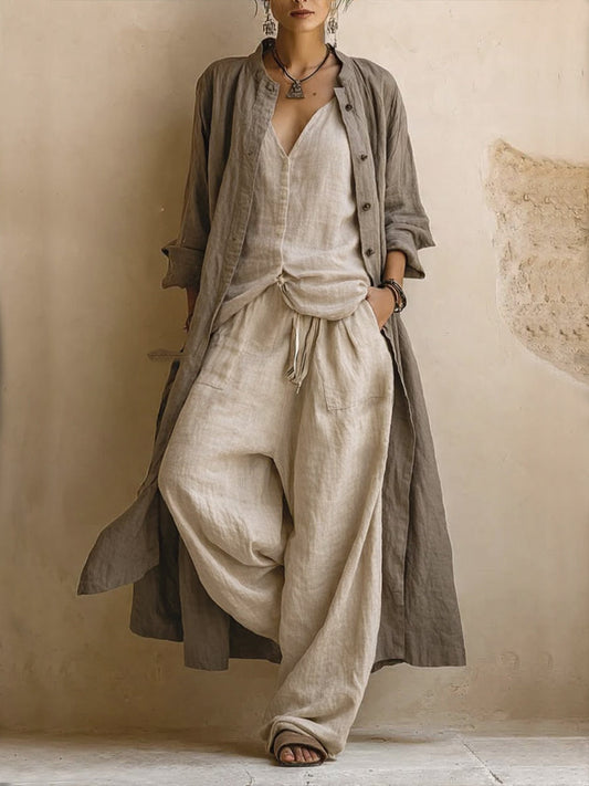 Letizia | Conjunto de tres piezas con cárdigan largo estilo boho