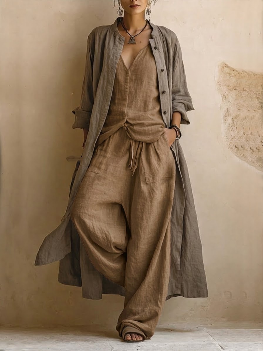 Letizia | Conjunto de tres piezas con cárdigan largo estilo boho
