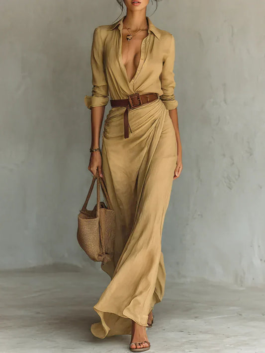 Camille | Vestido largo con solapa y cinturón en la cintura
