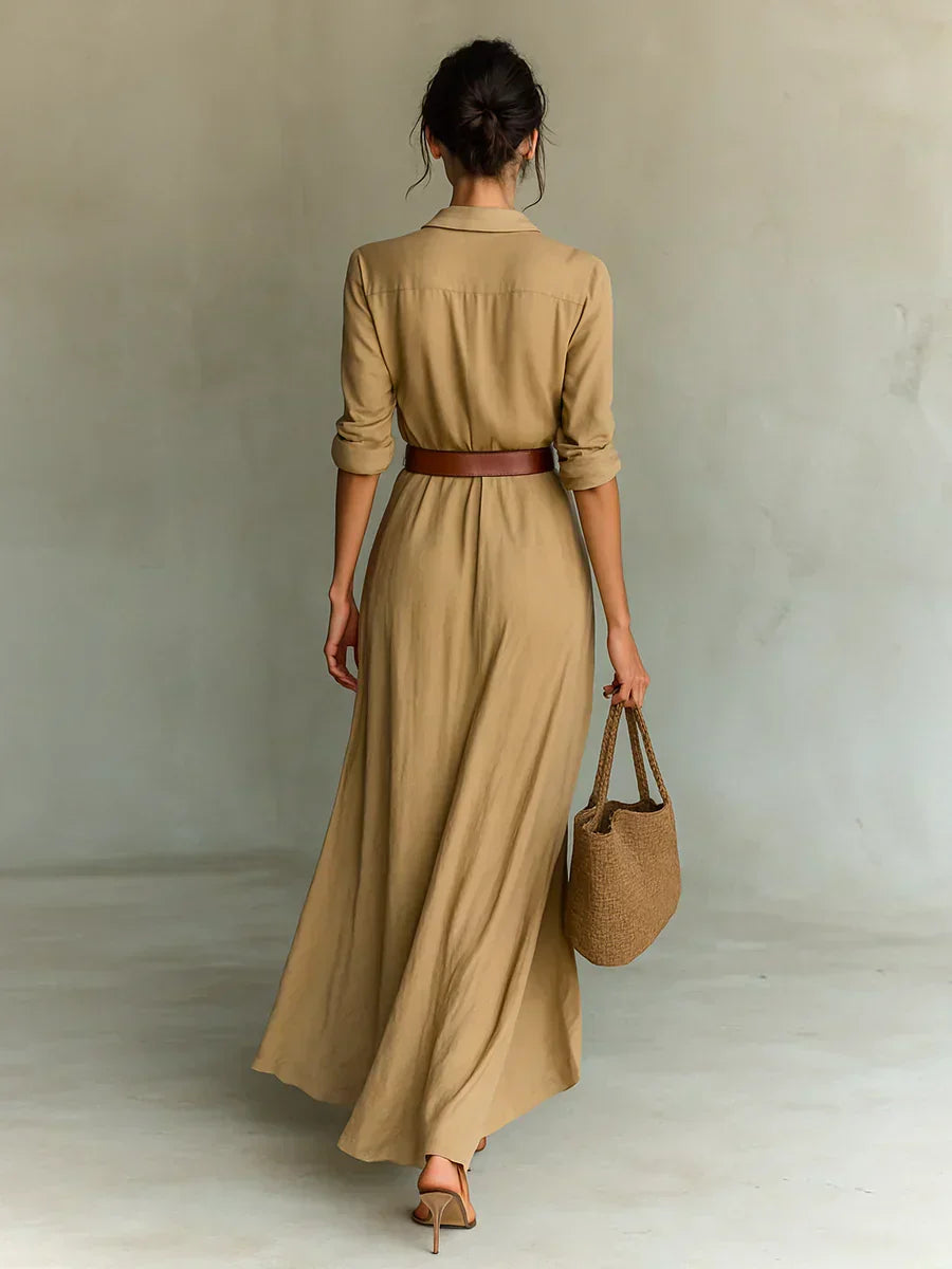 Camille | Vestido largo con solapa y cinturón en la cintura