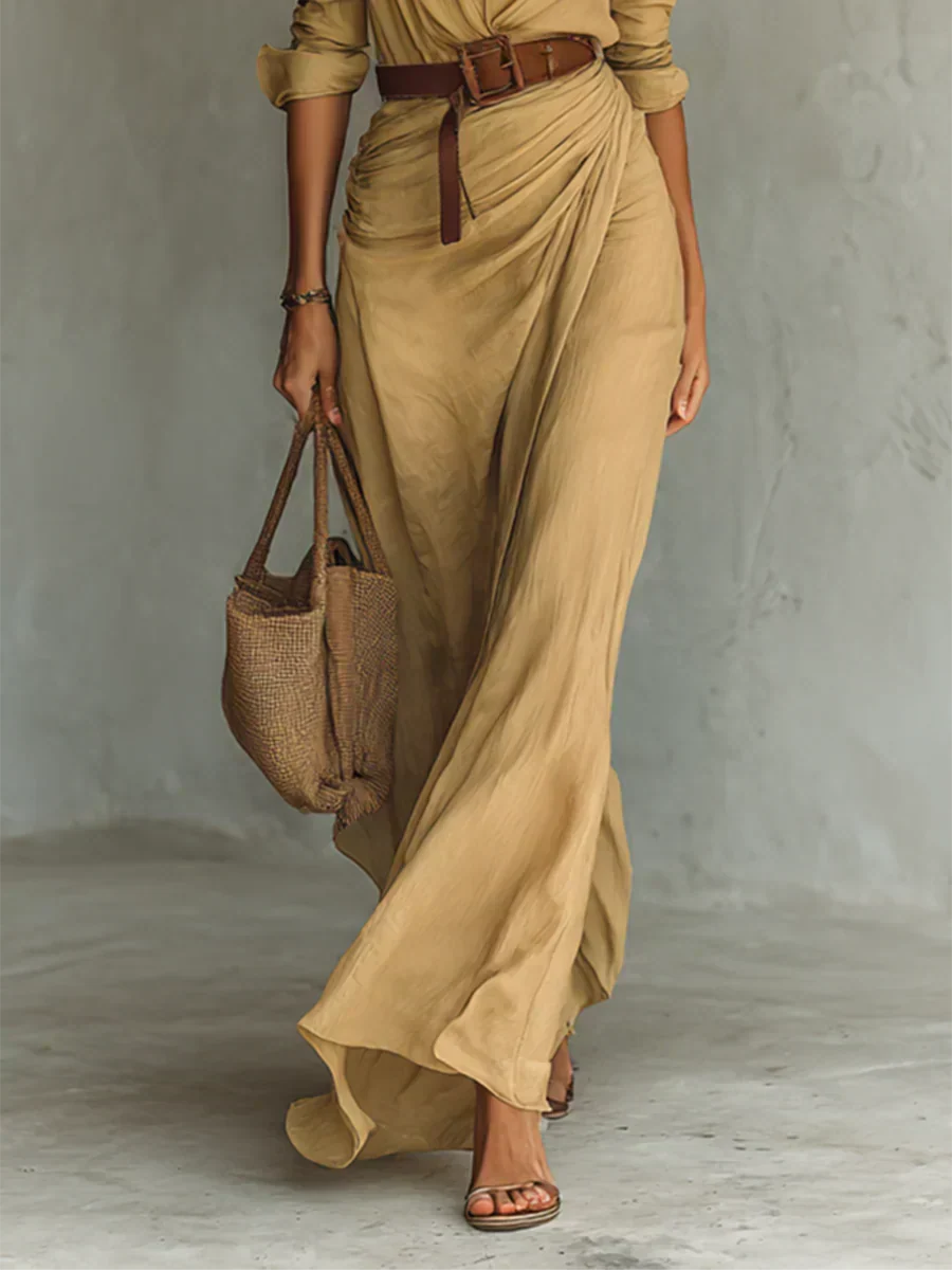 Camille | Vestido largo con solapa y cinturón en la cintura
