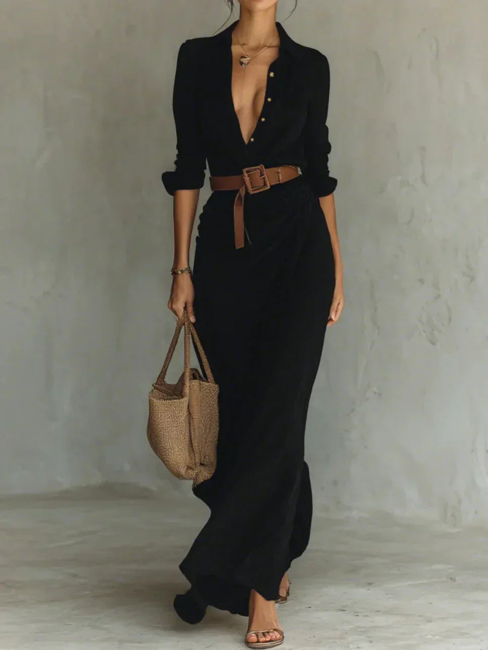 Camille | Vestido largo con solapa y cinturón en la cintura