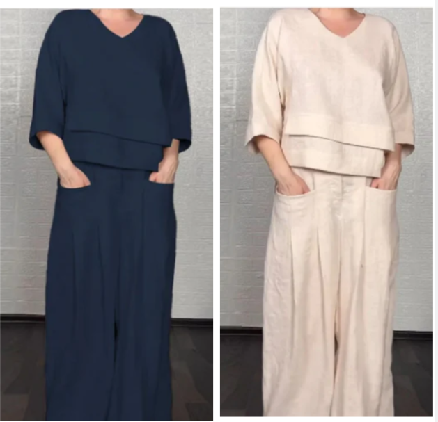 Conjunto Mujer Algodón Lino Top + Pantalón Ancho