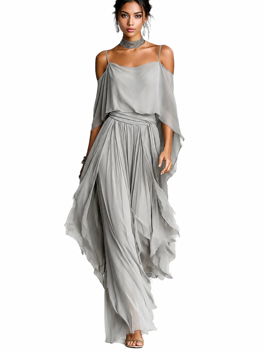 Isabela | Conjunto fluido gris con top de tirantes y pantalón ligero
