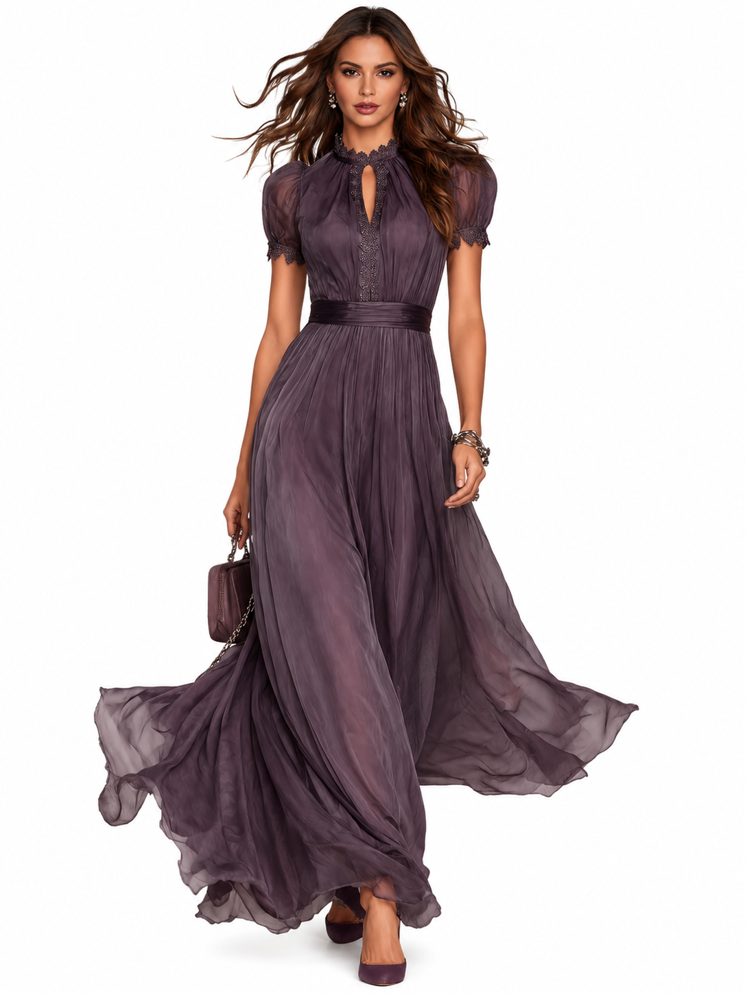Flavia • Vestido largo morado con escote en forma de ojo de cerradura y ribete de encaje de gasa