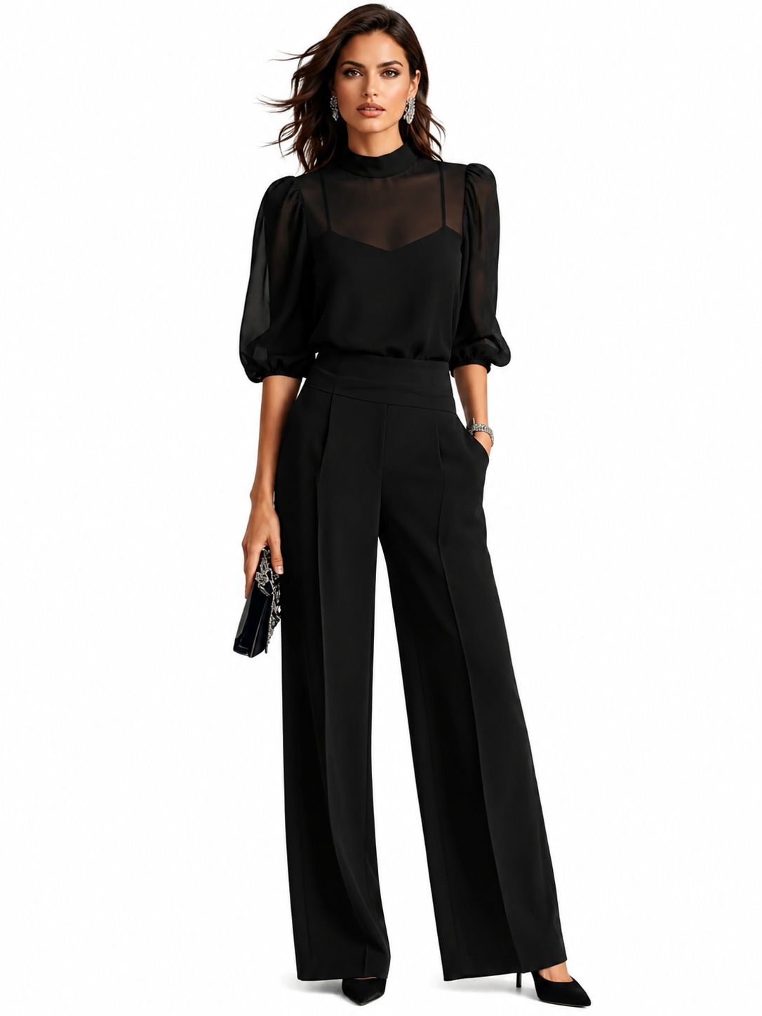 Valentina • Conjunto de tres piezas negro, compuesto por una camisola transparente y pantalones de pierna ancha.
