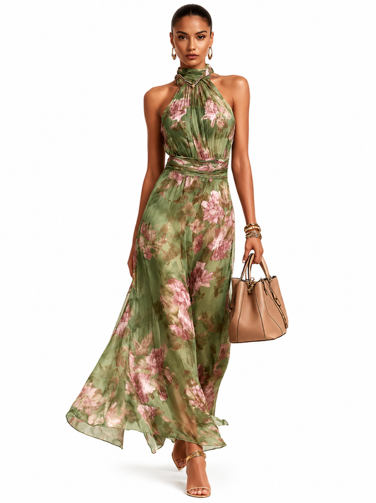 Vestido largo verde con escote halter