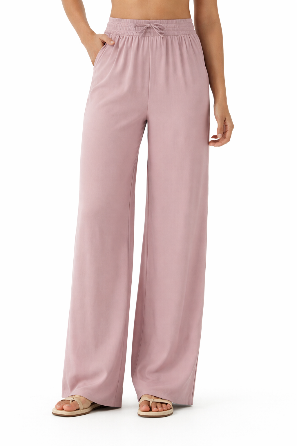 Pantalones Casuales de Cintura Alta con Cordón y Bolsillos, Estilo Lino, Pierna Ancha