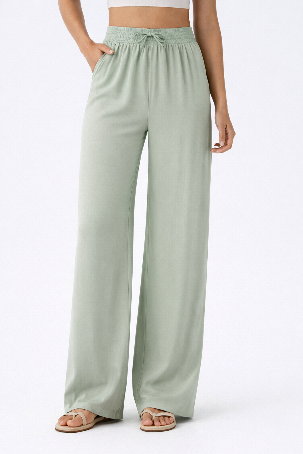 Pantalones Casuales de Cintura Alta con Cordón y Bolsillos, Estilo Lino, Pierna Ancha