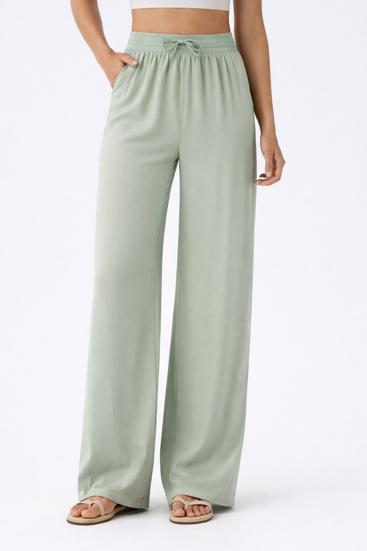 Pantalon décontracté taille haute avec cordon de serrage et poches, style lin, jambe large