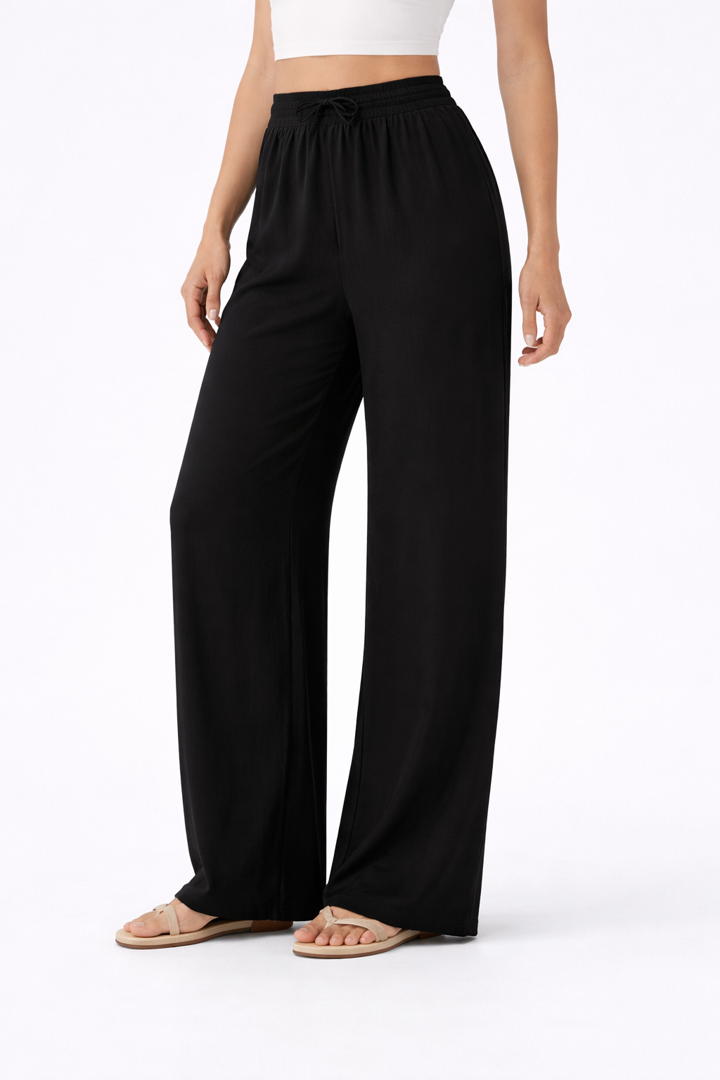 Pantalones Casuales de Cintura Alta con Cordón y Bolsillos, Estilo Lino, Pierna Ancha