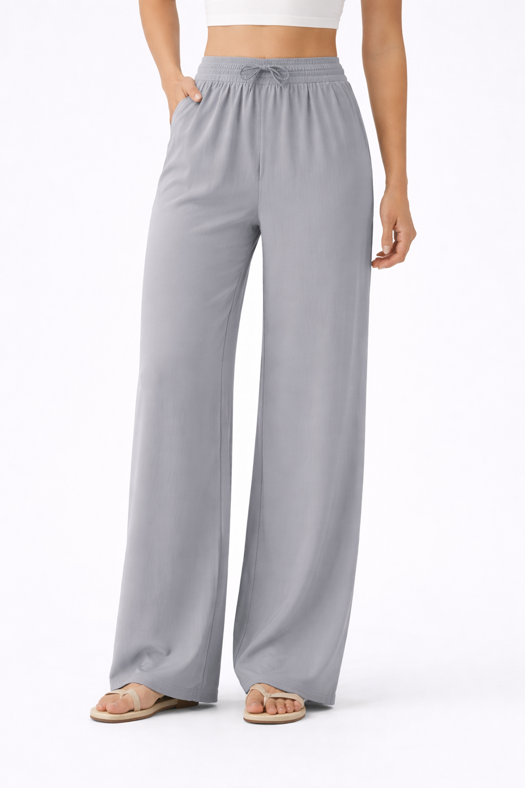 Pantalones Casuales de Cintura Alta con Cordón y Bolsillos, Estilo Lino, Pierna Ancha
