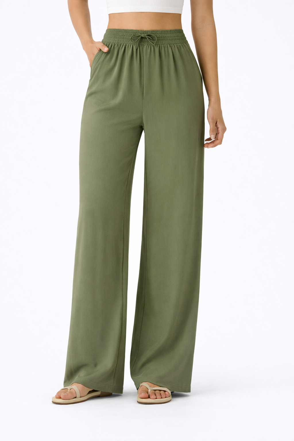 Pantalones Casuales de Cintura Alta con Cordón y Bolsillos, Estilo Lino, Pierna Ancha