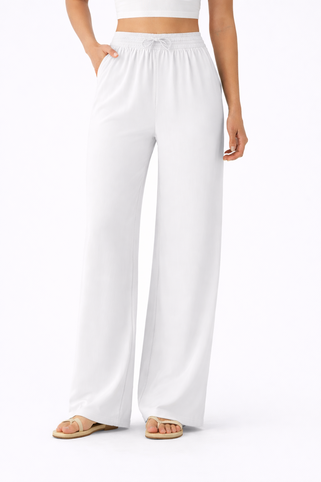 Pantalones Casuales de Cintura Alta con Cordón y Bolsillos, Estilo Lino, Pierna Ancha