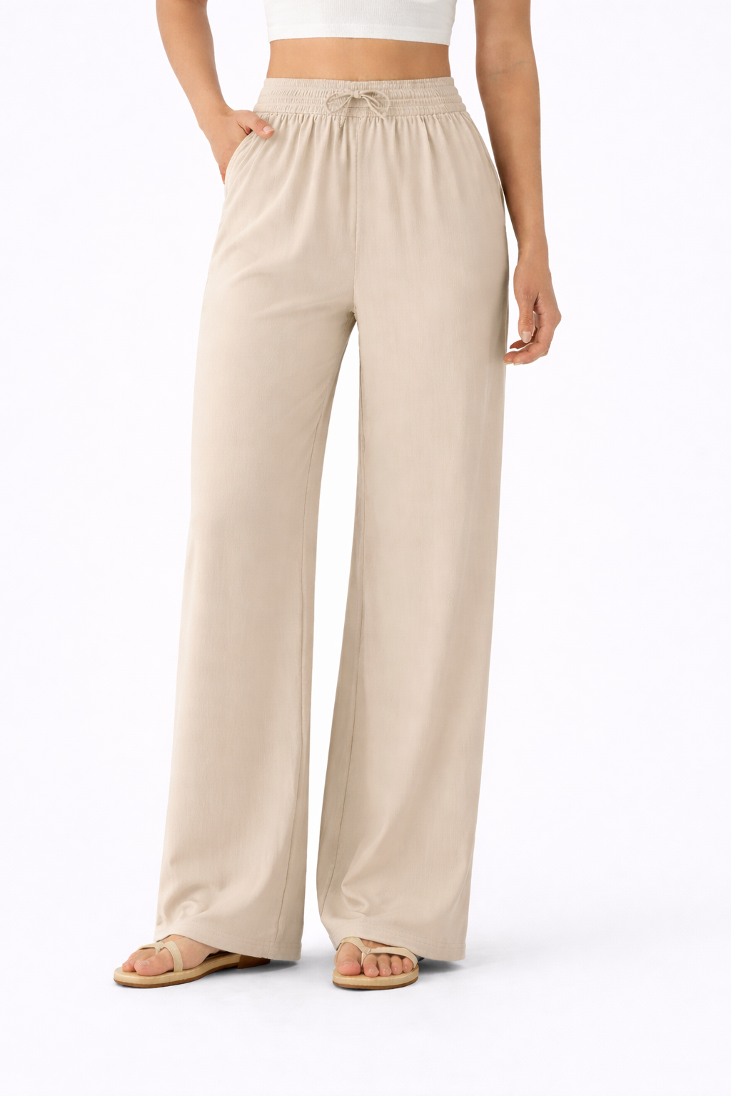 Pantalones Casuales de Cintura Alta con Cordón y Bolsillos, Estilo Lino, Pierna Ancha