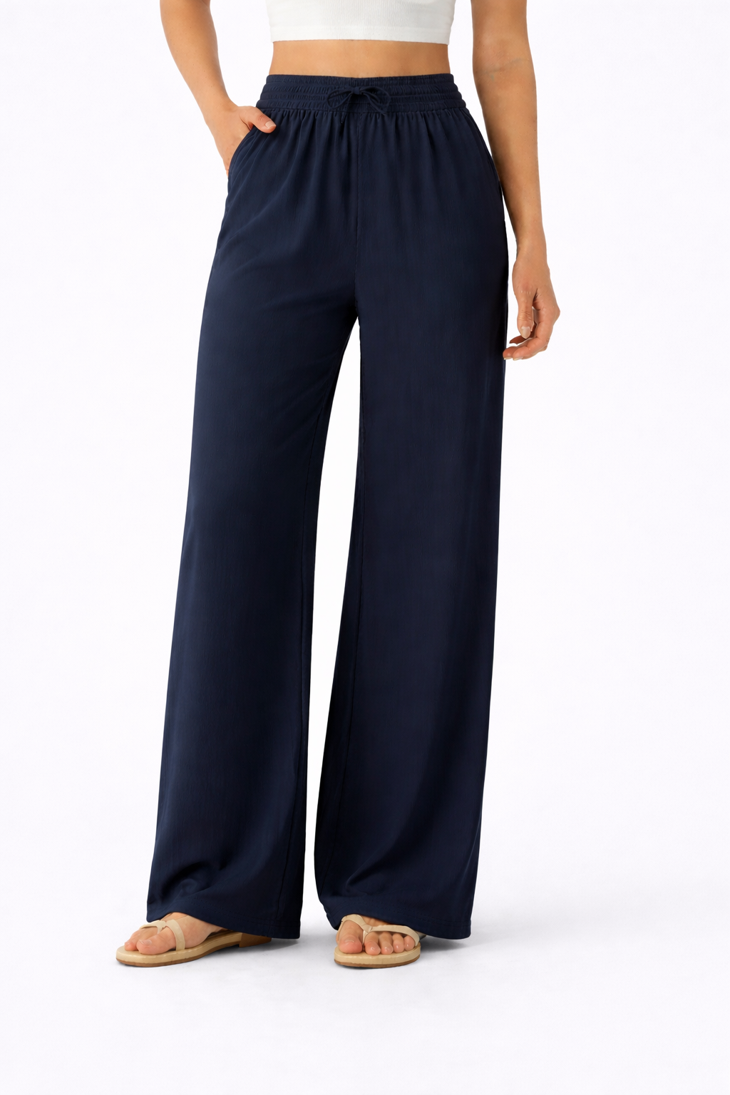 Pantalones Casuales de Cintura Alta con Cordón y Bolsillos, Estilo Lino, Pierna Ancha