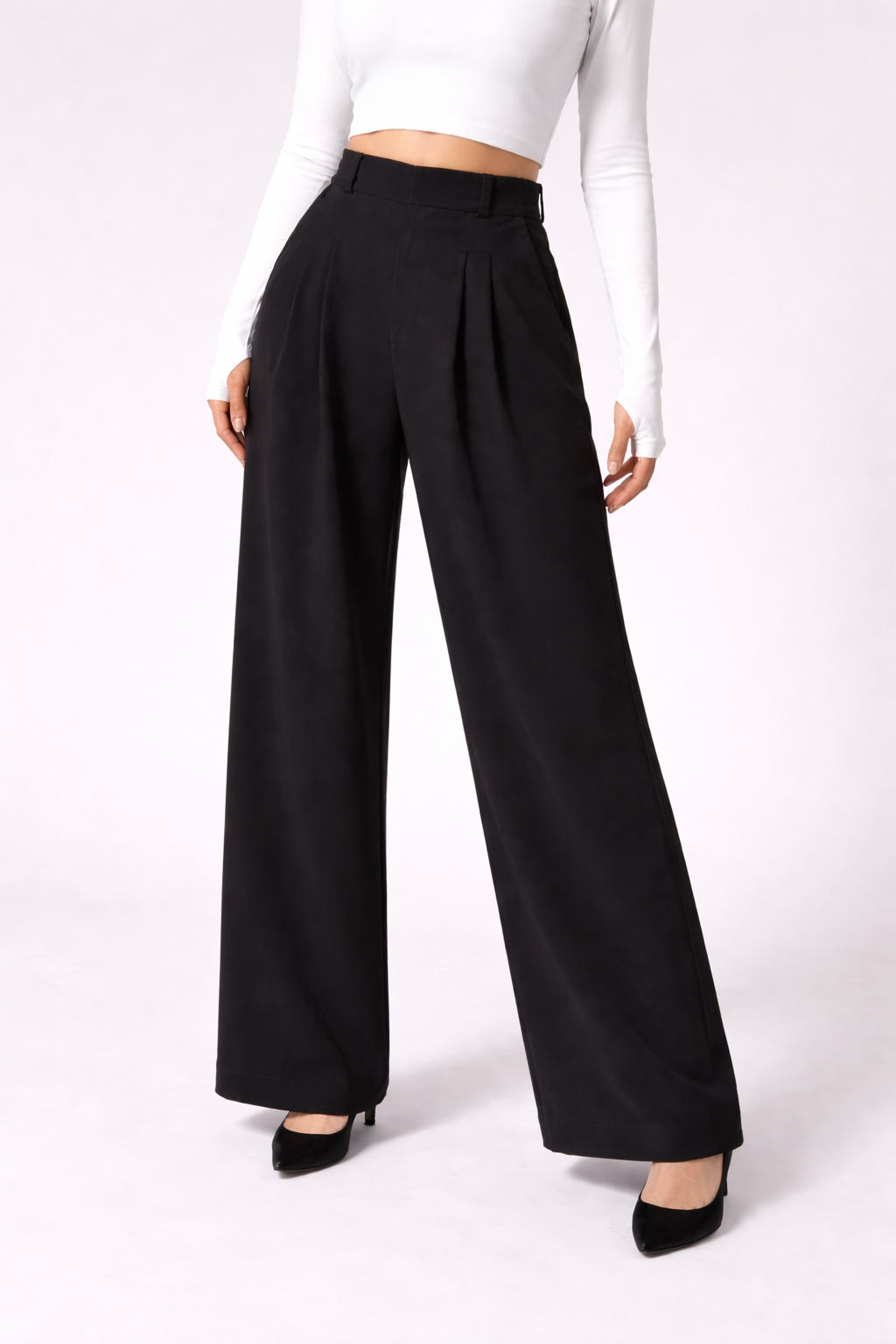 Pantalones acampanados  de cintura alta con bolsillos de tejido waffle