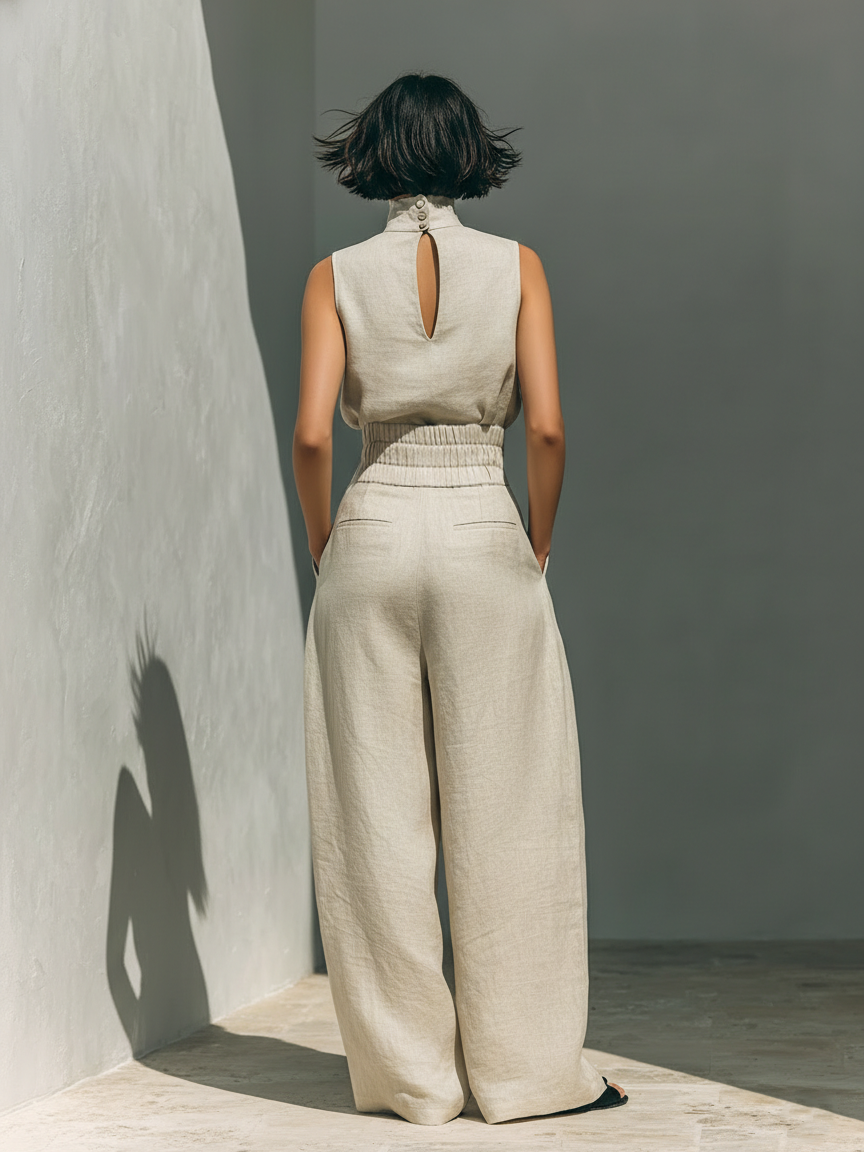 Amalia Conjunto ligero de algodón y lino con blusa sin mangas y pantalón amplio.
