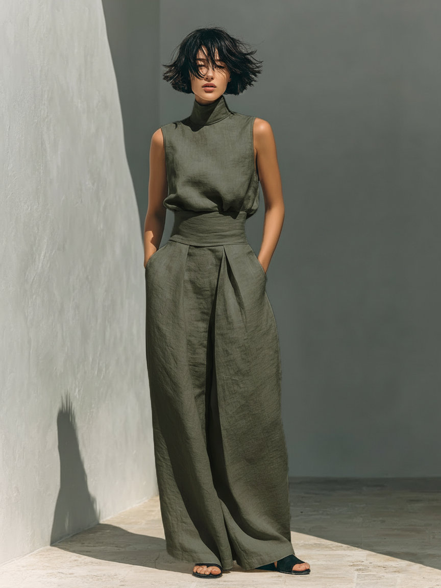 Amalia Conjunto ligero de algodón y lino con blusa sin mangas y pantalón amplio.
