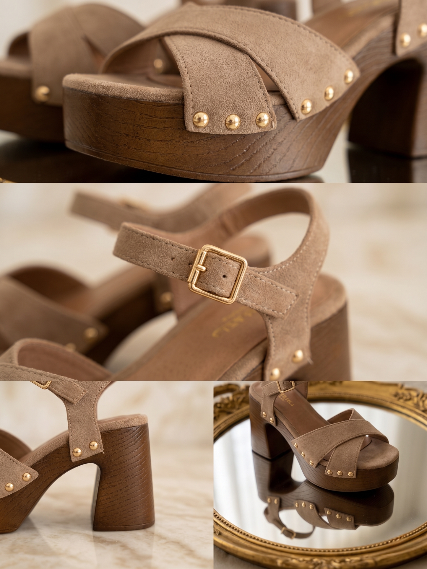 Sandalias Gaia  color topo, tiras cruzadas y tachuelas doradas