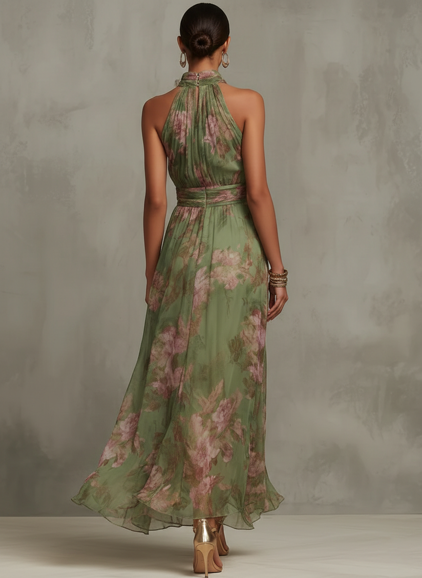 Vestido largo verde con escote halter