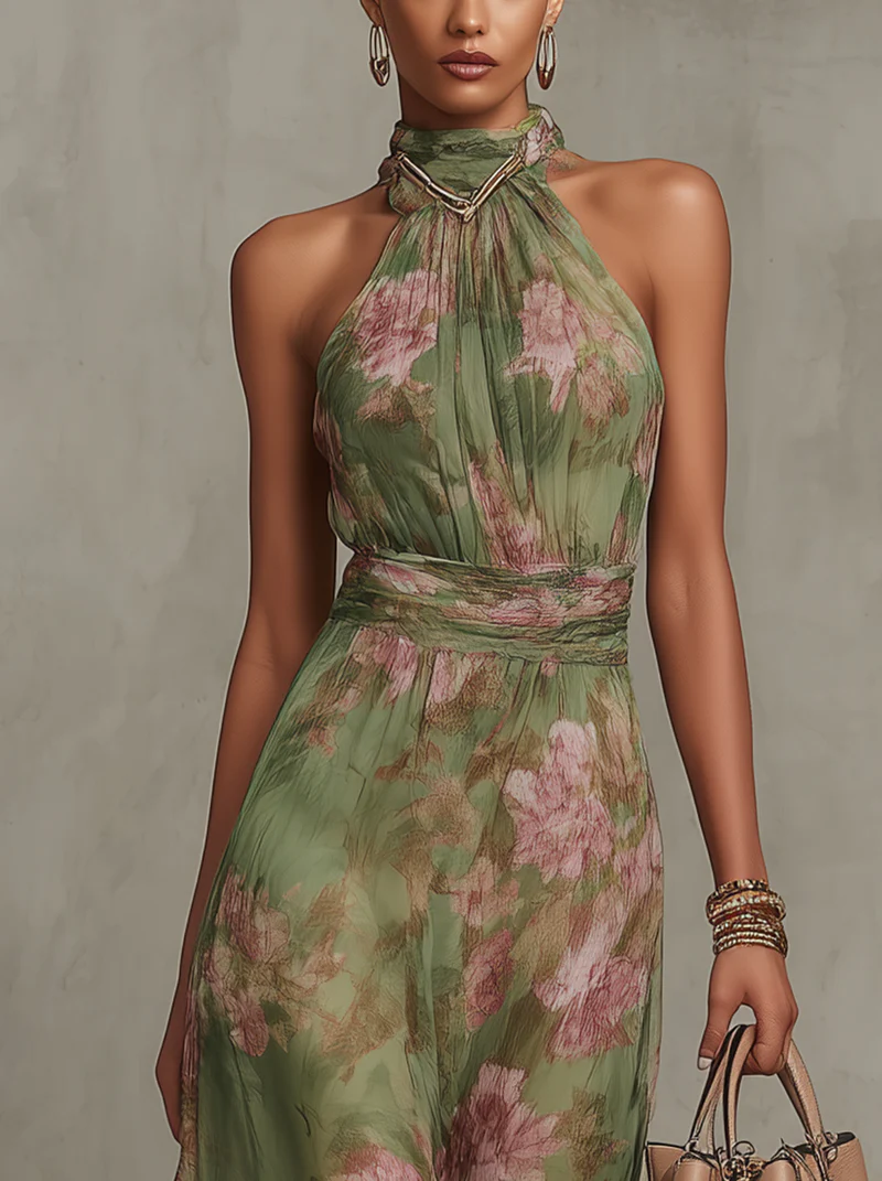 Vestido largo verde con escote halter