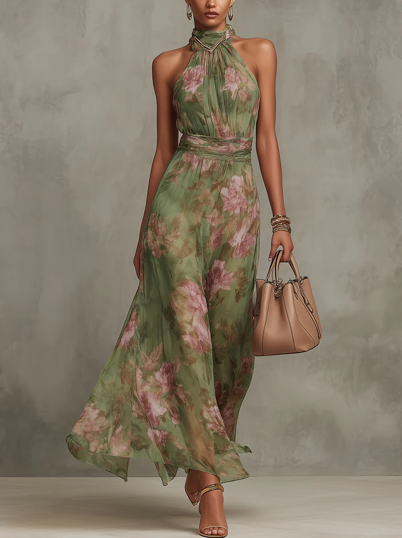 Vestido largo verde con escote halter