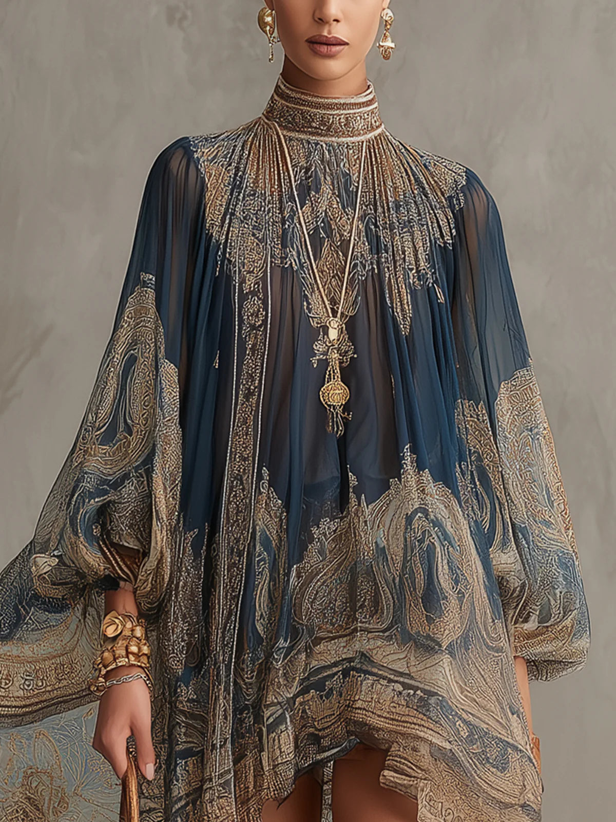 Marianna | Minivestido de chifón azul marino con estampado barroco dorado