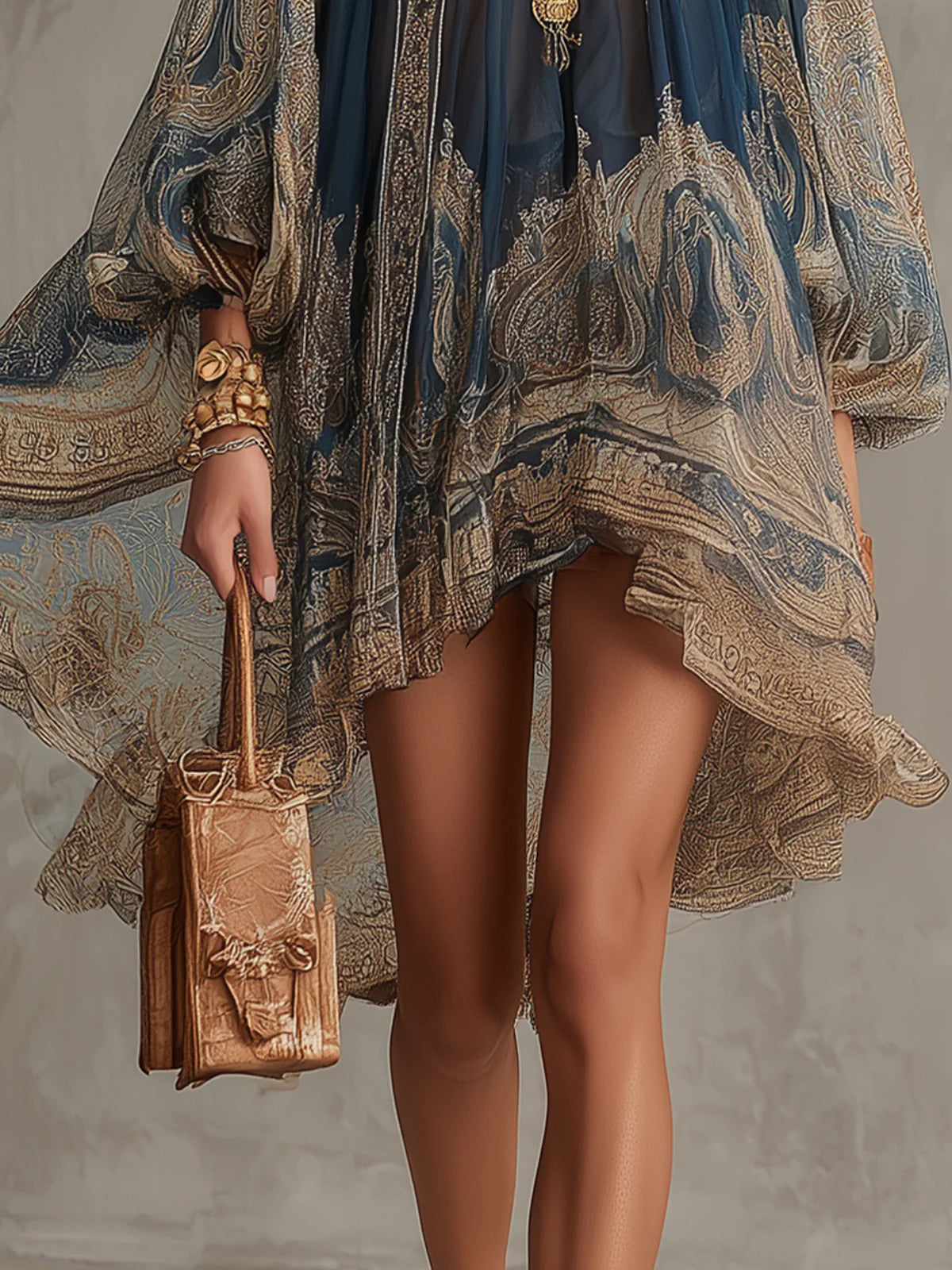 Marianna | Minivestido de chifón azul marino con estampado barroco dorado