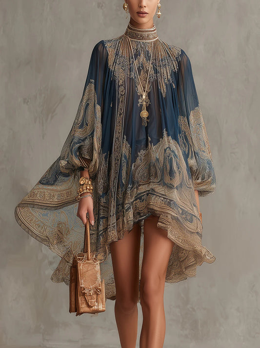 Marianna | Minivestido de chifón azul marino con estampado barroco dorado