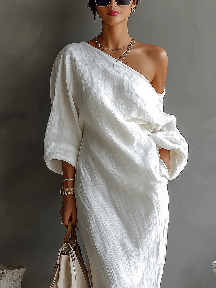 Elise| Elegante vestido largo de un solo hombro en blanco