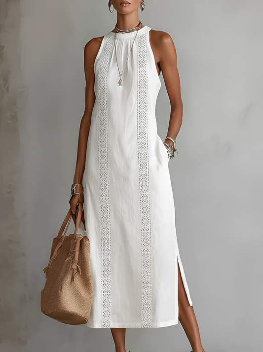 Tatiana | Vestido midi de lino con cuello mao