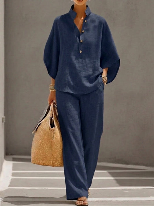 Mariel | Combinaison en lin avec manches chauve-souris et pantalon large