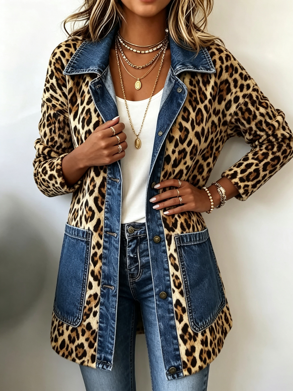 Lorena | Chaqueta larga con estampado de leopardo y vaqueros