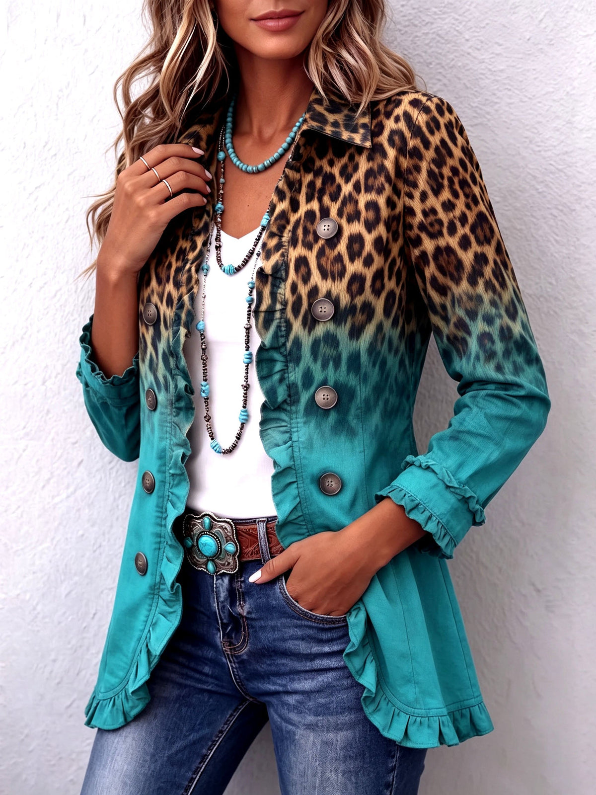 Mercedes | Chaqueta con estampado de leopardo degradado y volantes