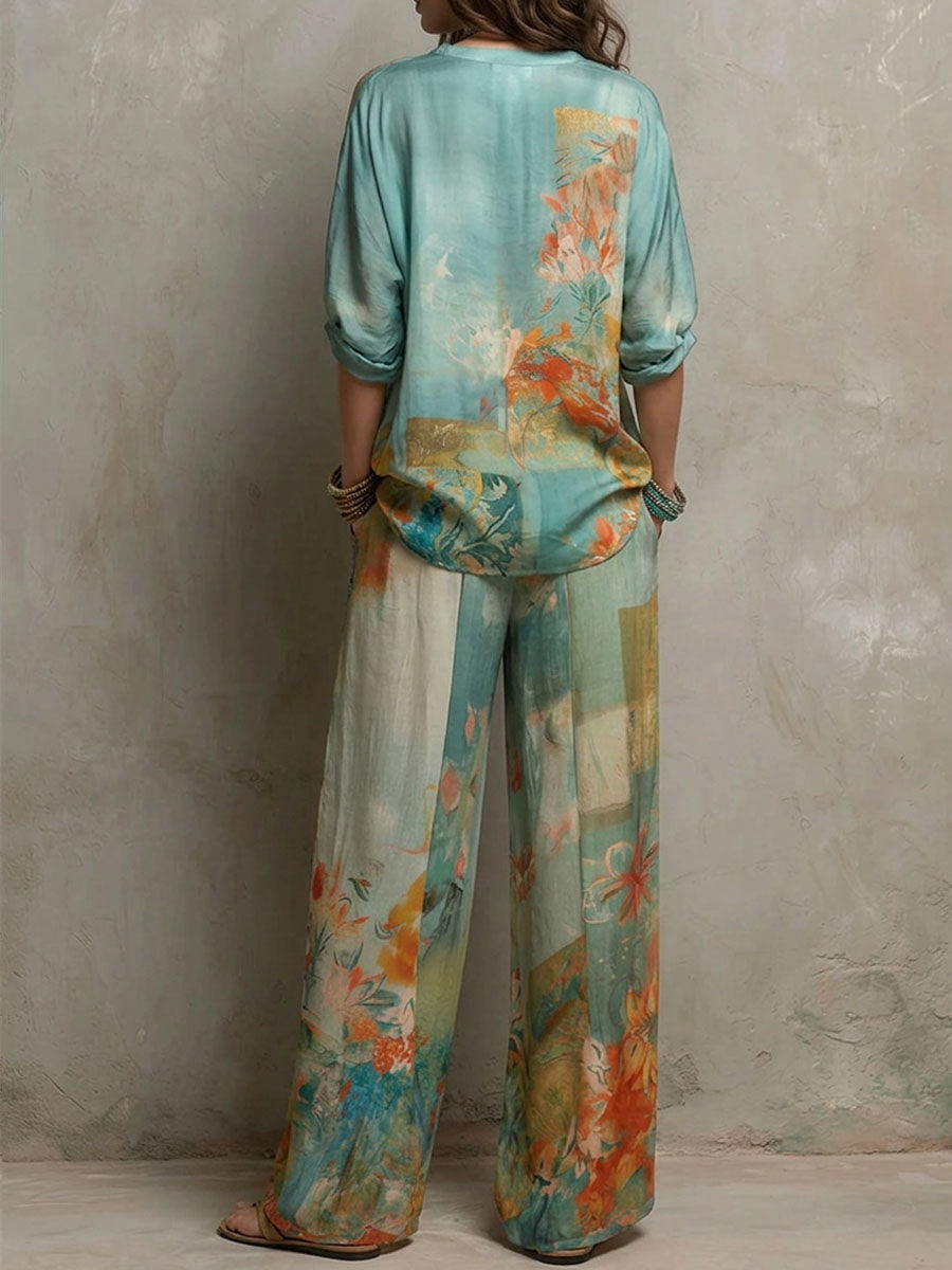 Chiara | Conjunto elegante con estampado floral y pantalón de pernera ancha