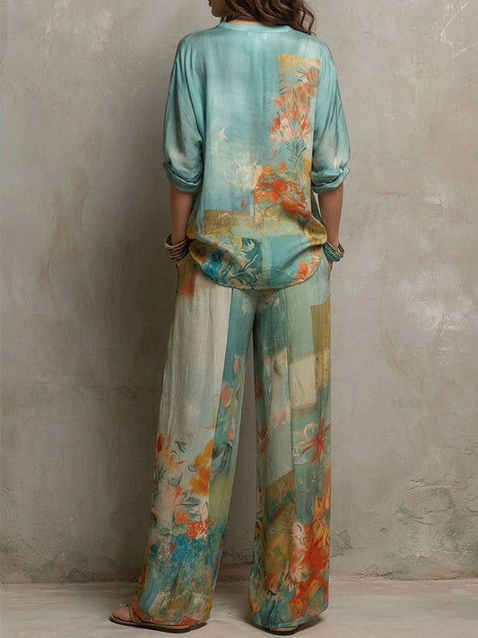 Chiara | Conjunto elegante con estampado floral y pantalón de pernera ancha