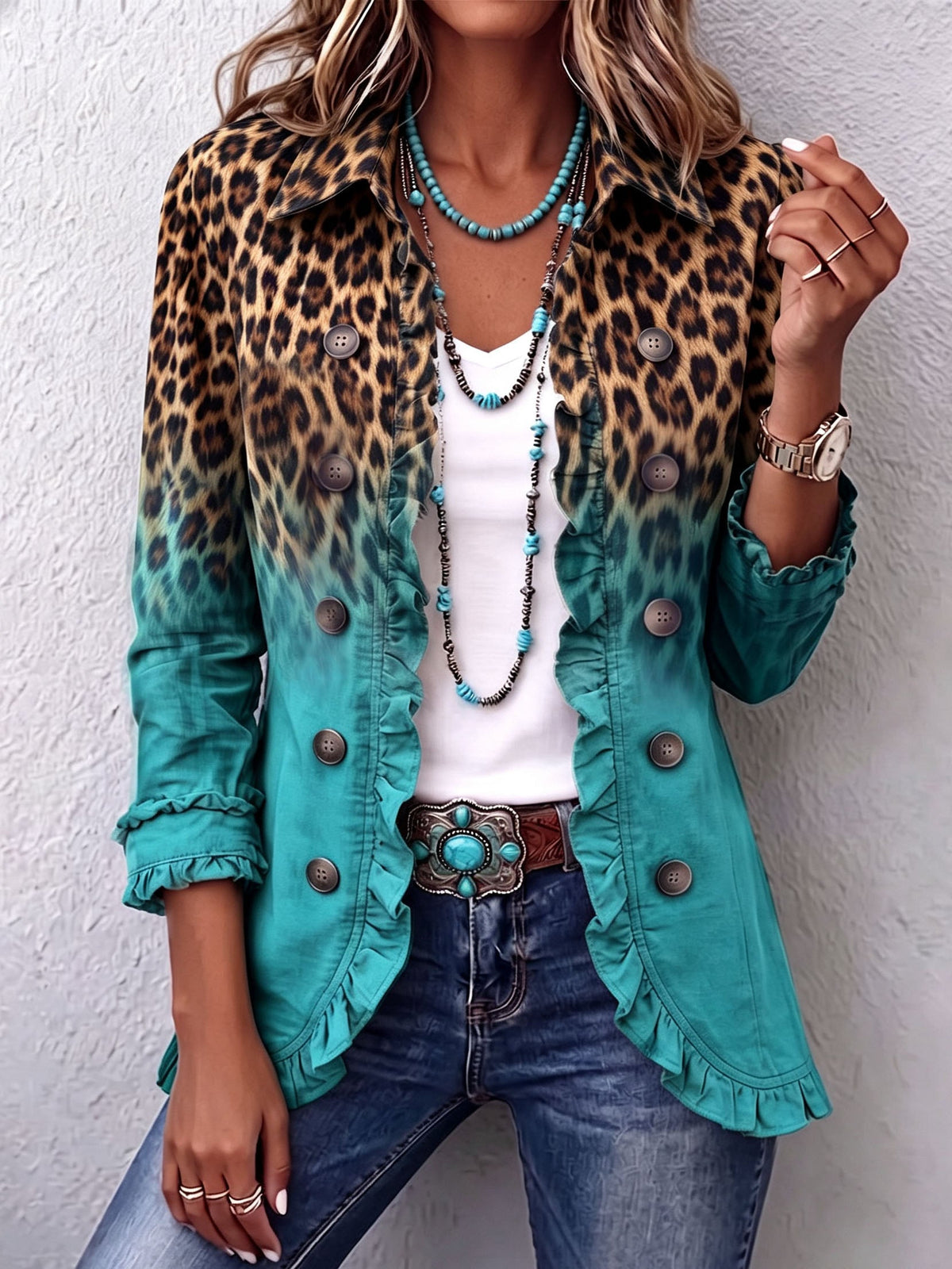 Mercedes | Chaqueta con estampado de leopardo degradado y volantes
