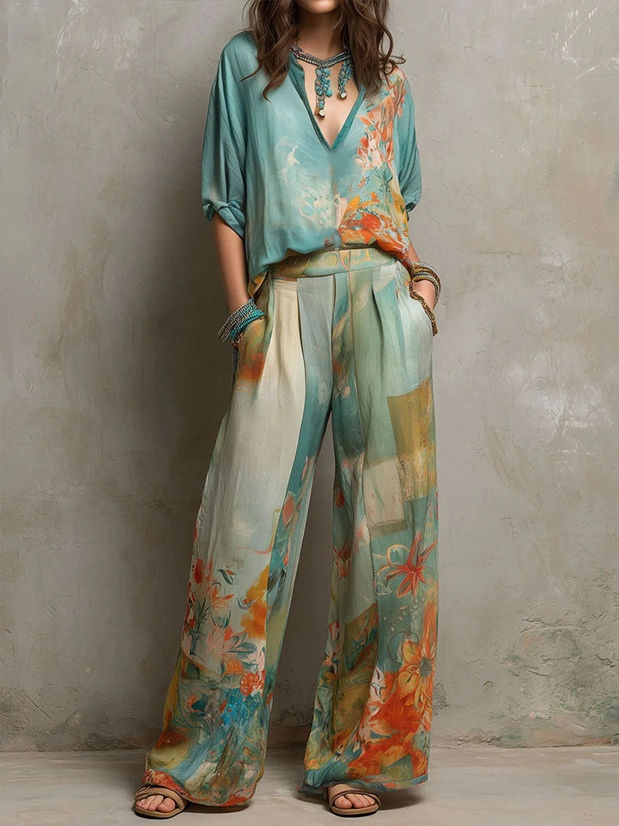 Chiara | Conjunto elegante con estampado floral y pantalón de pernera ancha