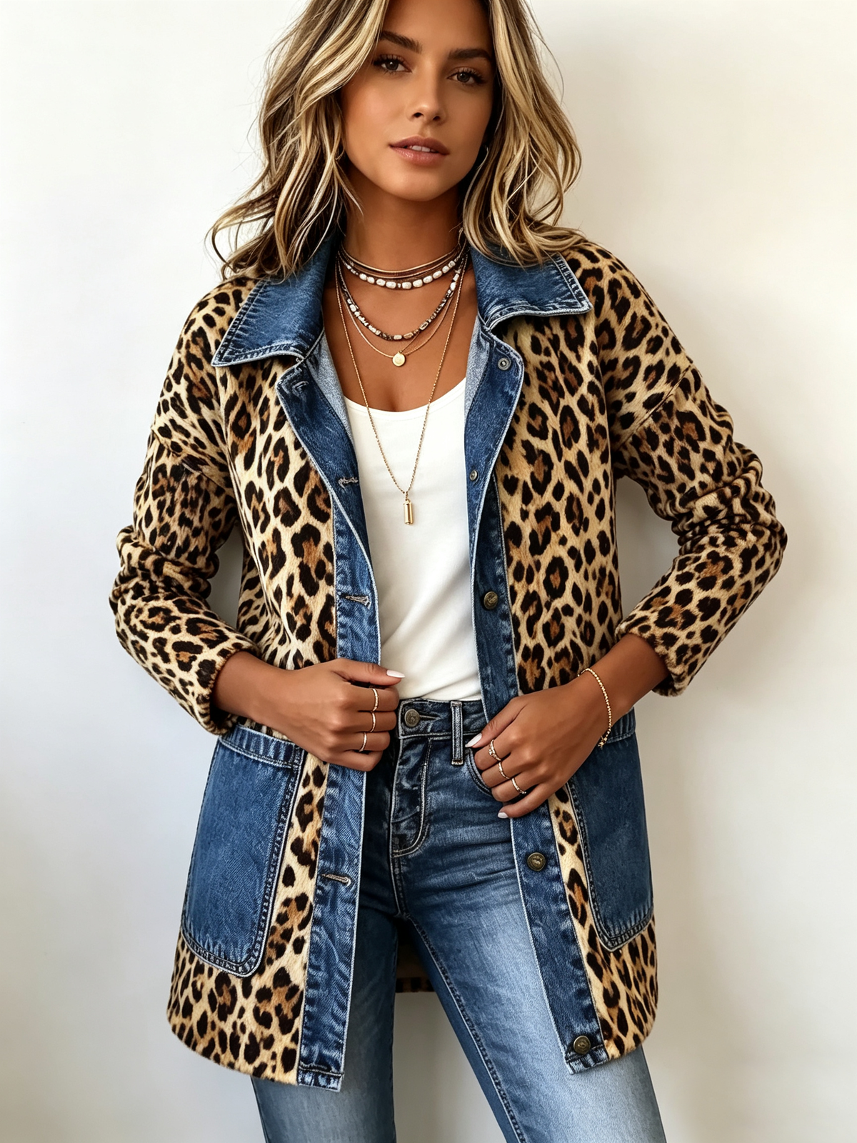 Lorena | Chaqueta larga con estampado de leopardo y vaqueros