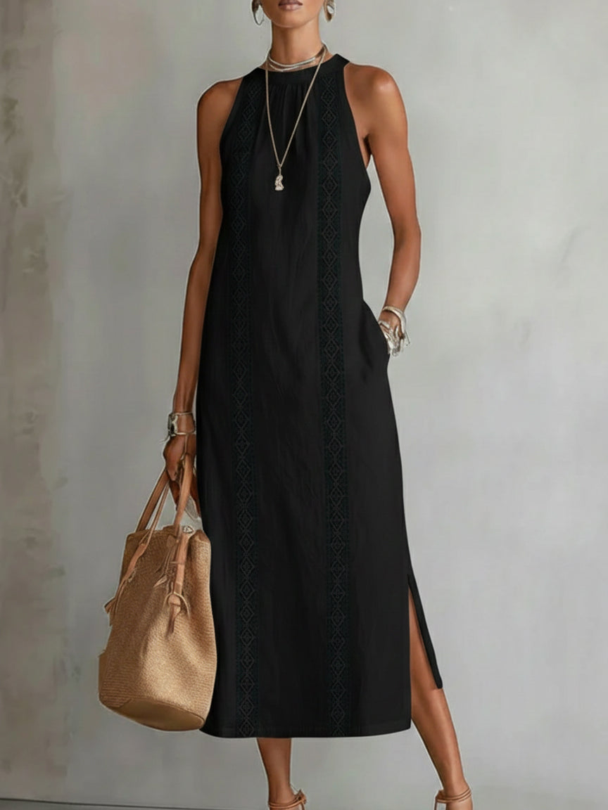 Tatiana | Vestido midi de lino con cuello mao