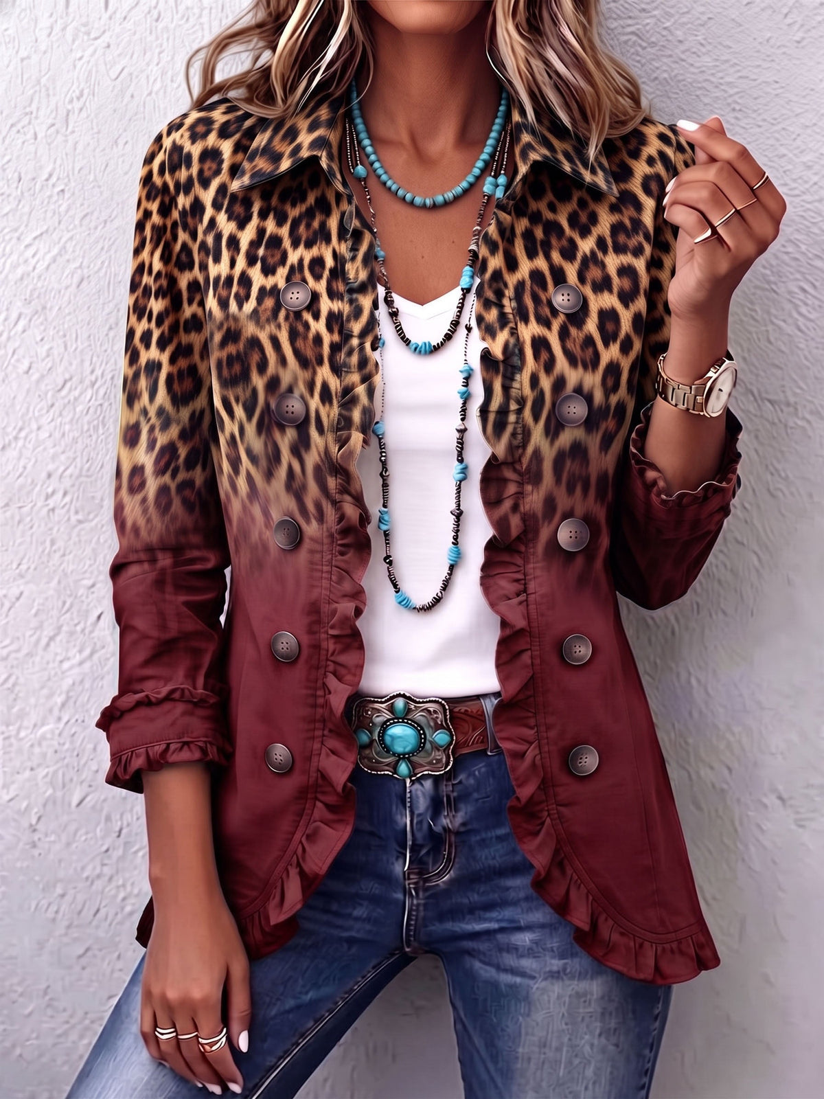 Tomasa | Chaqueta tipo blazer con estampado de leopardo y volantes color vino