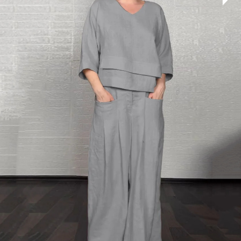 Conjunto Mujer Algodón Lino Top + Pantalón Ancho