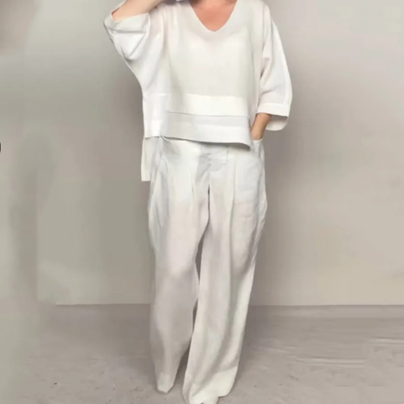Conjunto Mujer Algodón Lino Top + Pantalón Ancho